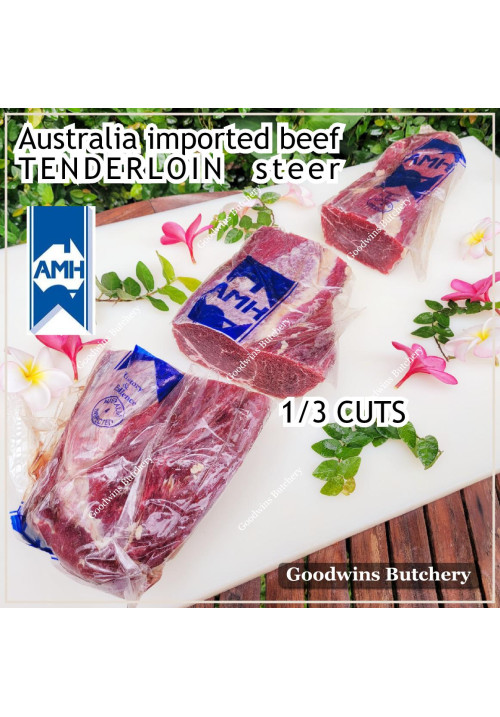 Beef Tenderloin aged frozen Australia STEER young-cattle 1/3 roast wellington cuts price/pc 800gr (eye fillet mignon daging sapi has dalam) brand AMH